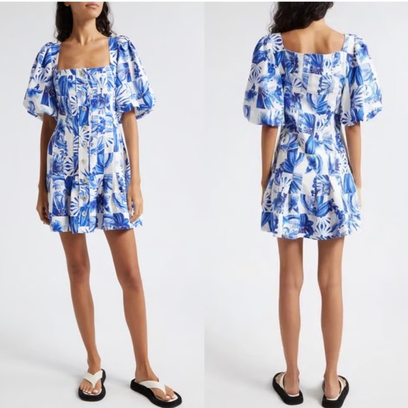 Caroline Constas 🔥 ☀️ Floral Blue and White line mini dress A line. - Picture 12 of 13